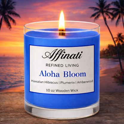 Aloha Bloom Wooden Wick Candle – Luxury 10 oz Soy Blend | Affinati