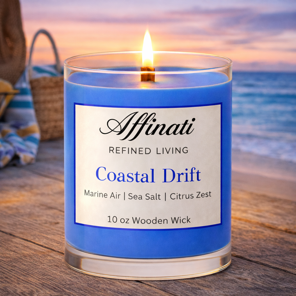 Coastal Drift Wooden Wick Candle – Luxury 10 oz Soy Blend | Affinati
