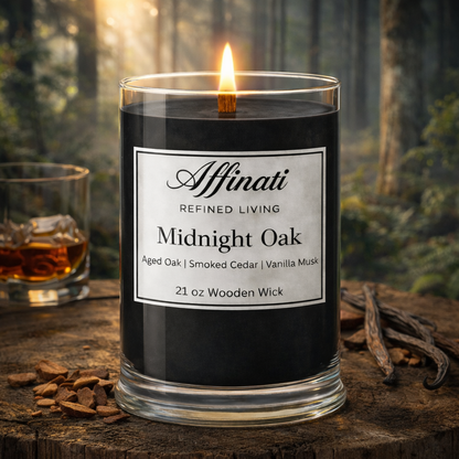 Midnight Oak Wooden Wick Candle – Luxury 21 oz Soy Blend | Affinati