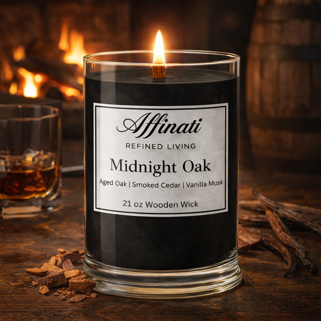 Midnight Oak Wooden Wick Candle – Luxury 21 oz Soy Blend | Affinati