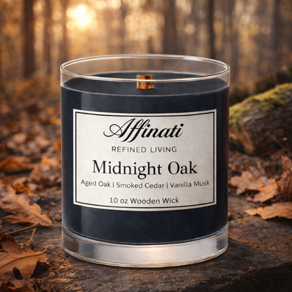 Midnight Oak Wooden Wick Candle – Luxury 10 oz Soy Blend | Affinati