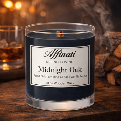 Midnight Oak Wooden Wick Candle – Luxury 10 oz Soy Blend | Affinati
