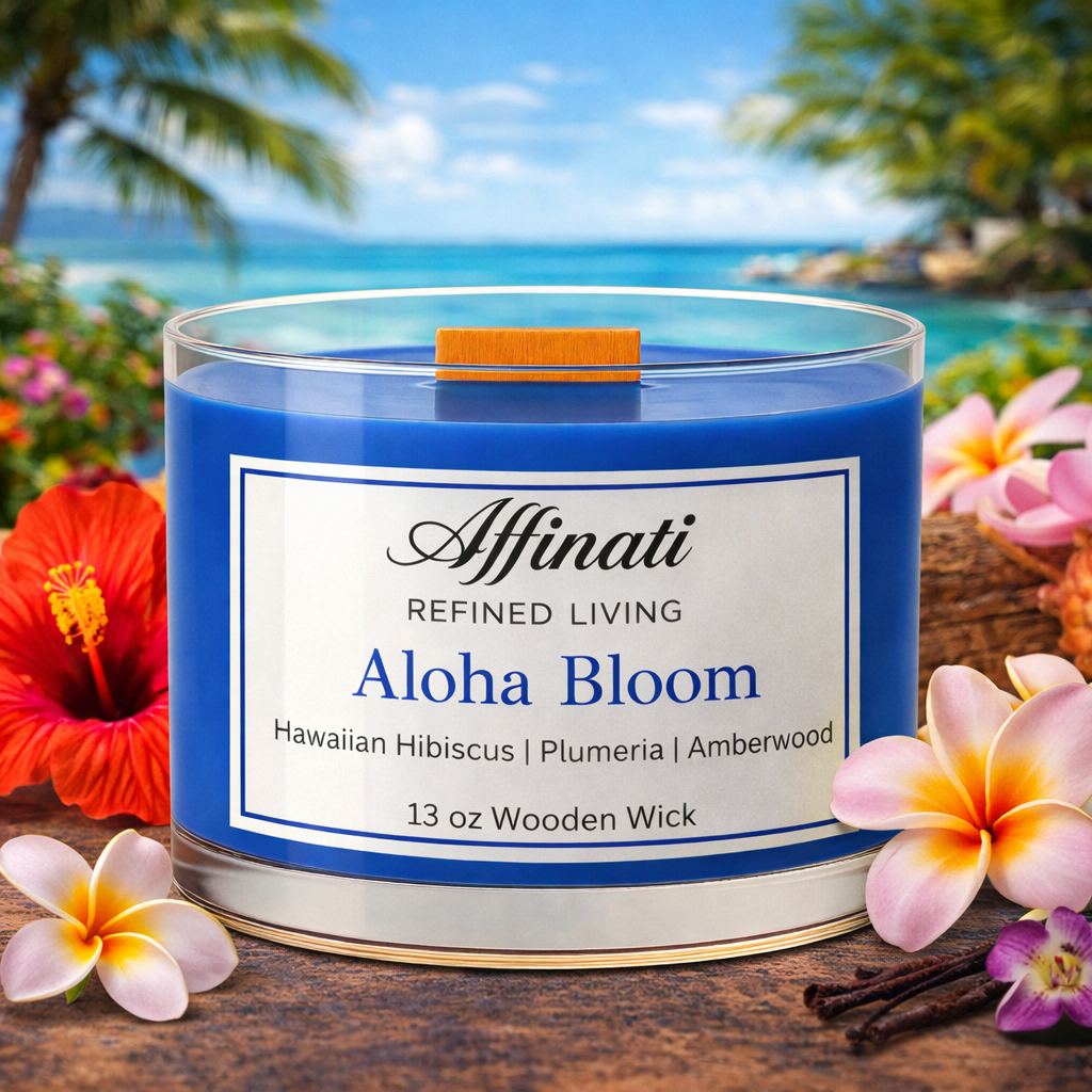 Aloha Bloom Wooden Wick Candle – Luxury 13 oz Soy Blend | Affinati