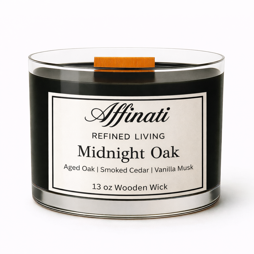 Midnight Oak Wooden Wick Candle – Luxury 13 oz Soy Blend | Affinati