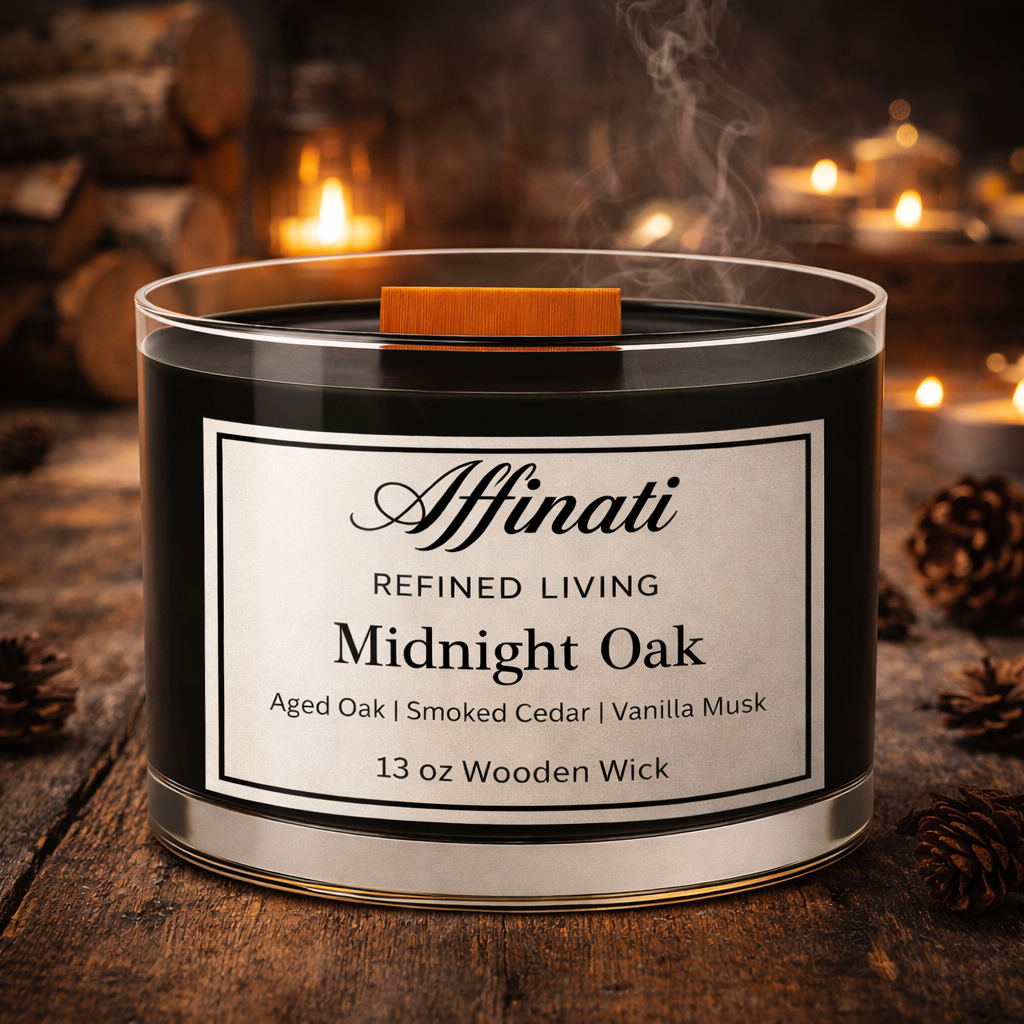 Midnight Oak Wooden Wick Candle – Luxury 13 oz Soy Blend | Affinati