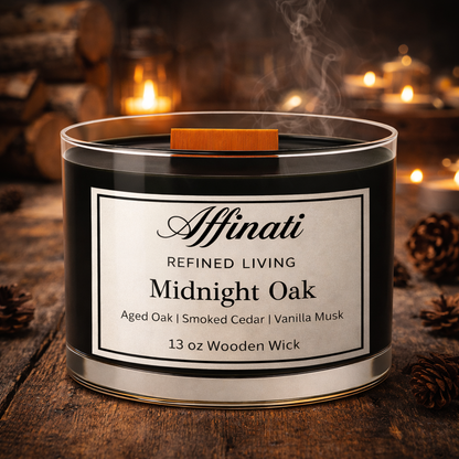 Midnight Oak Wooden Wick Candle – Luxury 13 oz Soy Blend | Affinati