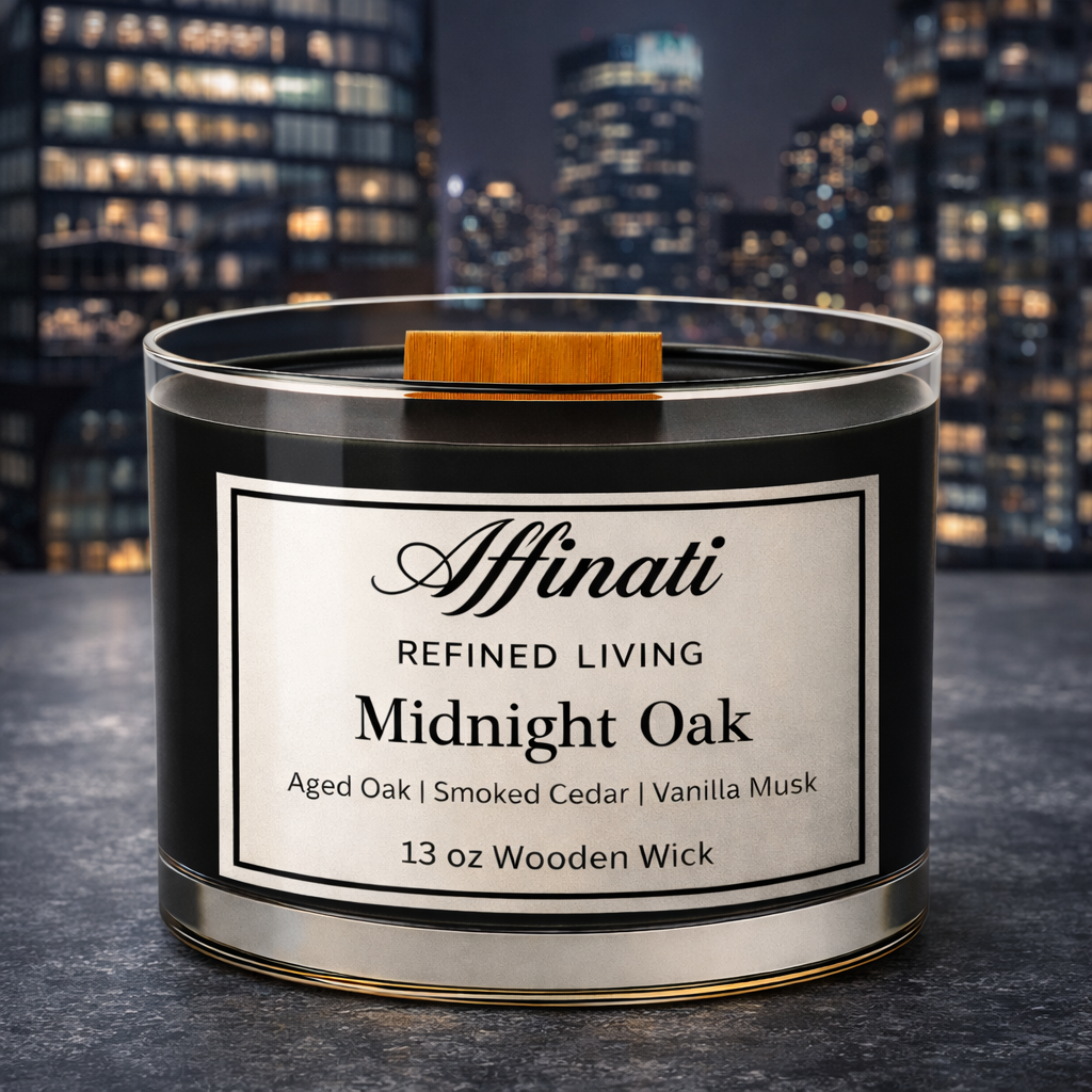 Midnight Oak Wooden Wick Candle – Luxury 13 oz Soy Blend | Affinati