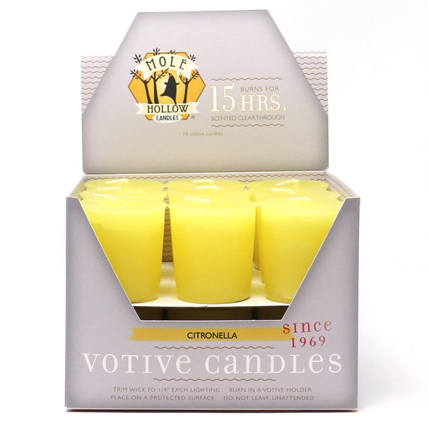 Mole Hollow Candles, Citronella Scented Votive Candles, 18 Votives Box