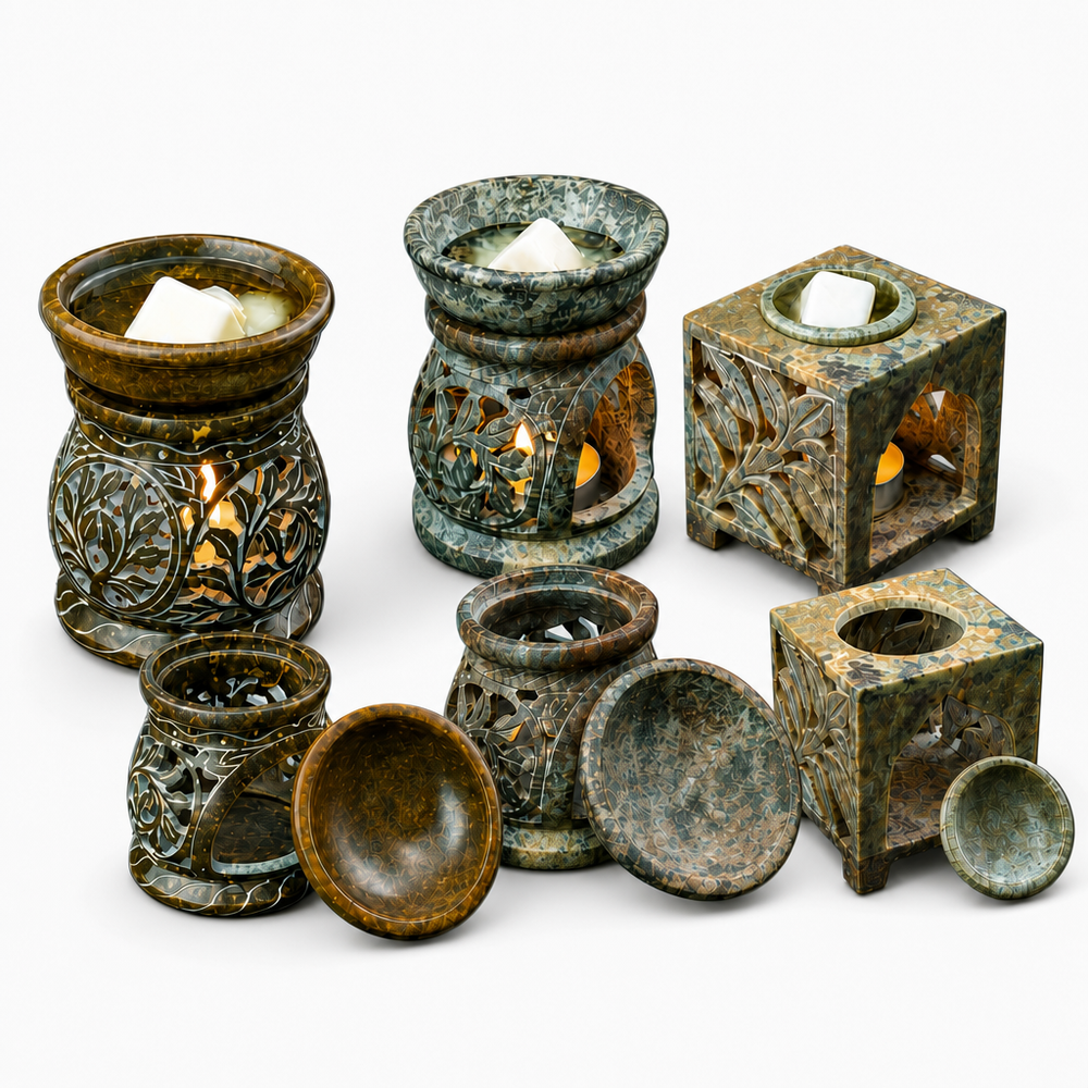 Carved Soapstone Wax Melters, Tea Light Wax Melters