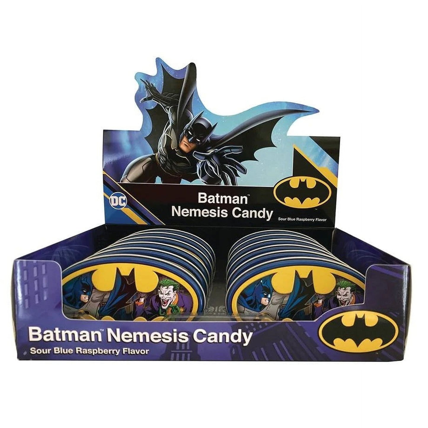 DC Comics Batman Nemesis Candy Tin, 1.2 Ounces of Sour Blue Raspberry Batman Logo Candy - 12 Count Display Box