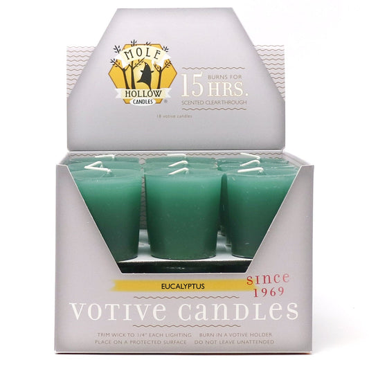 Mole Hollow Candles, Eucalyptus Scented Votive Candles, 18 Votives Box