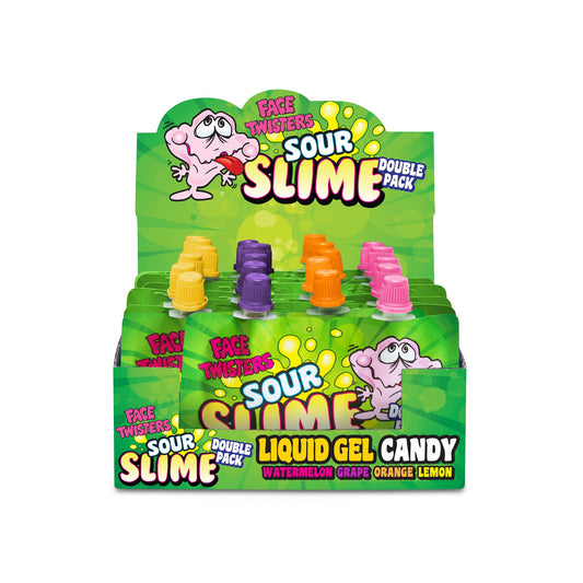 Face Twisters Sour Slime Double Pack Liquid Gel Candy, Watermelon, Grape, Orange & Lemon Flavors, 1.4 Ounce - 18 Count Display Box