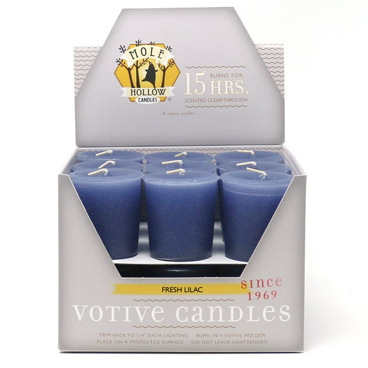 Mole Hollow Candles, Fresh Lilac Scented Votive Candles, 18 Votives Box