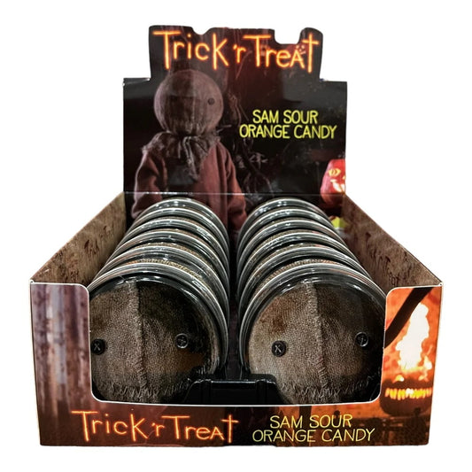 Halloween Trick 'r Treat Sam Sour Candy Tin - 12 Count Display Box