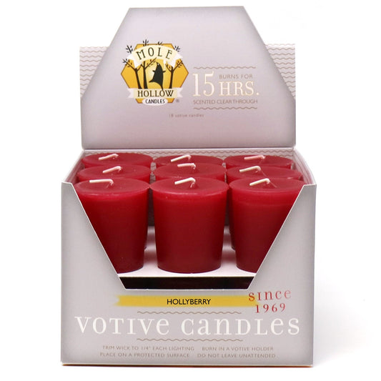 Mole Hollow Candles, Hollyberry Scented Votive Candles, 18 Votives Box