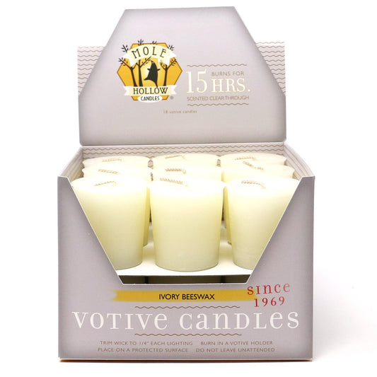 Mole Hollow Candles, Ivory Beeswax Scented Votive Candles, 18 Votives Box