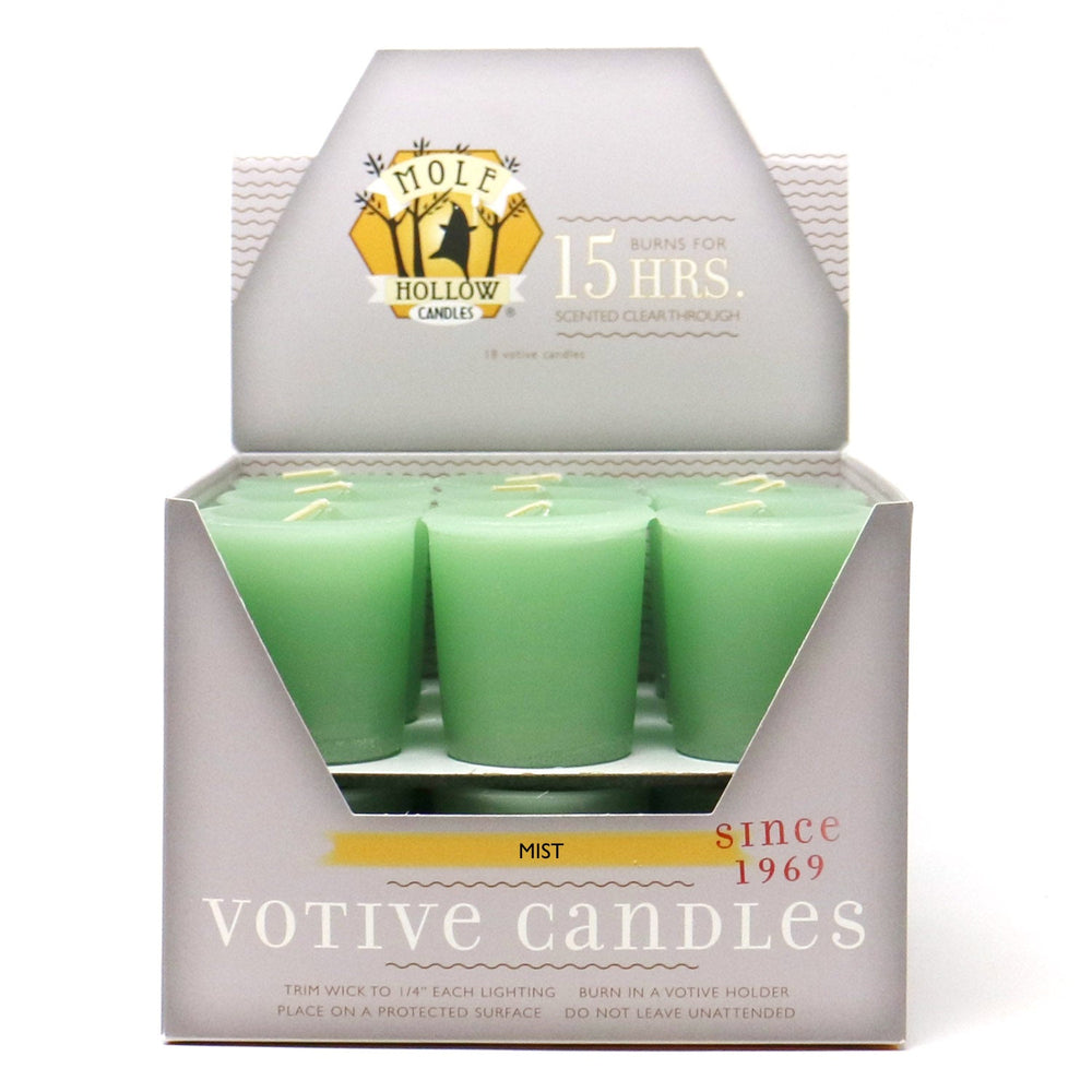 Mole Hollow Candles, Mist Scented Votive Candles, 18 Votives Box