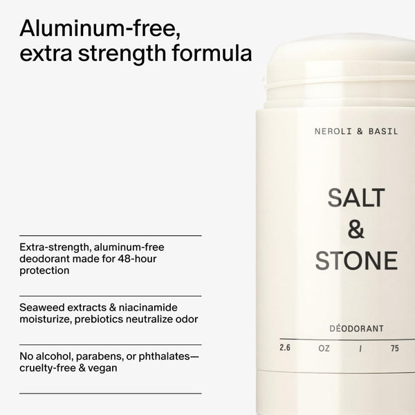 Salt & Stone Aluminum Free Deodorant | Extra Strength 48 Hour Protection for Women & Men | Made with Seaweed Extracts, Niacinamide & Prebiotics | Neroli & Basil