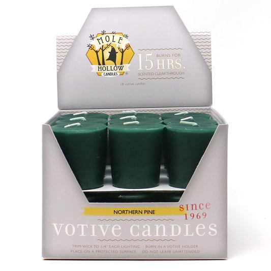 Mole Hollow Candles, Northern Pine Scented Votive Candles, 18 Votives Box