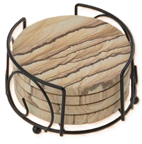 Picture Sandstone Round Coaster, 4" Diameter, Set of 4 Coasters with Holder