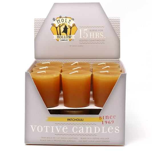 Mole Hollow Candles, Patchouli Scented Votive Candles, 18 Votives Box