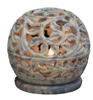 Hand Carved Soapstone Terra Lights, 3" Ball Tea Light Holder, Carved Ivy
