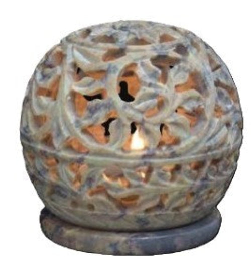 Hand Carved Soapstone Terra Lights, 3" Ball Tea Light Holder, Carved Ivy