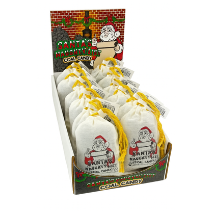 Santa's Naughty List Coal Candy Drawstring Bag, Black Cherry Rock Candy Crystals 2 oz, 12 Count Display Box