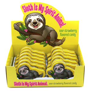 Sloth Is My Spirit Animal, 1 Ounce Strawberry Sloth-shaped Candy Tin - 12 Count Display Box