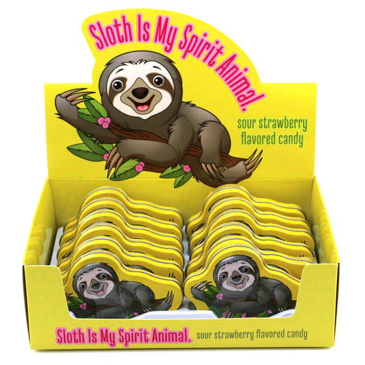 Sloth Is My Spirit Animal, 1 Ounce Strawberry Sloth-shaped Candy Tin - 12 Count Display Box