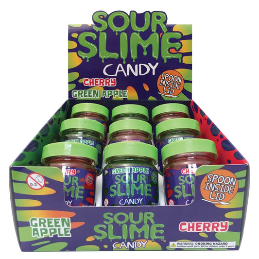 Sour Slime Candy 3.5 Ounce Jars, Sour Green Apple & Soup Cherry Flavors - 9 Count Display Box