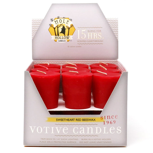 Mole Hollow Candles, Sweetheart Red Beeswax Scented Votive Candles, 18 Votives Box