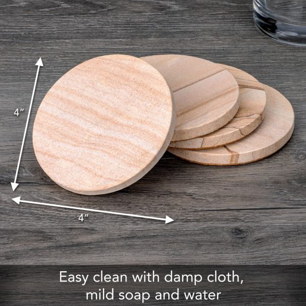 Picture Sandstone Round Coaster, 4" Diameter, Set of 4 Coasters with Holder