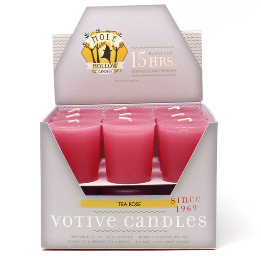 Mole Hollow Candles, Tea Rose Scented Votive Candles, 18 Votives Box