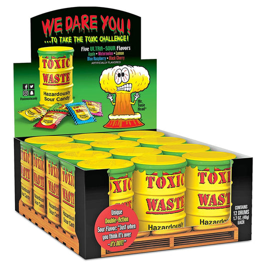 Toxic Waste, Original Yellow Drums, Hazardously Sour Candy, 1.7 Ounce Drums - 12 Count Display Box