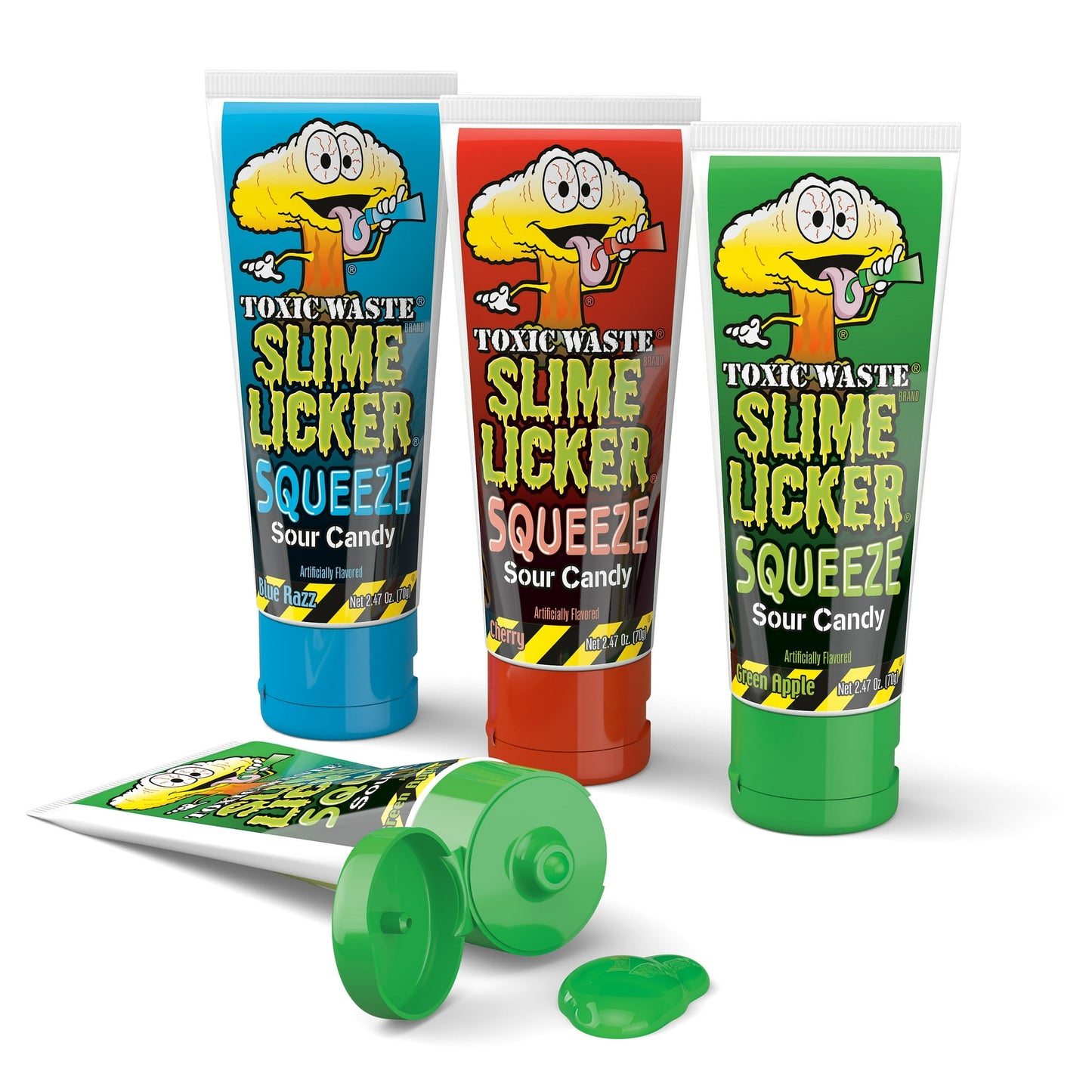 Toxic Waste Slime Licker Squeeze Sour Candy, with Blue Razz, Cherry, and Green Apple Flavors - 2.47 Ounce Tubes - 12 Count Display Box