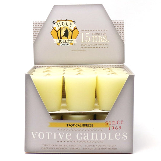 Mole Hollow Candles, Tropical Breeze Scented Votive Candles, 18 Votives Box