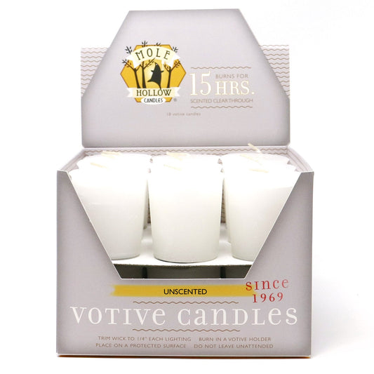 Mole Hollow Candles, Unscented Votive Candles, 18 Votives Box