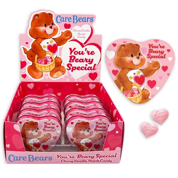 Valentines Day Care Bears Hard Candy Heart Shaped Tin Sweet Cherry Vanilla 1.2 Ounces Tin, 12 Count Display Box