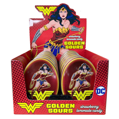 DC Comics Wonder Woman Golden Sours, 1.2 Ounce Tin of Sour strawberry Lemonade Flavored Logo Candy - 12 Count Display Box