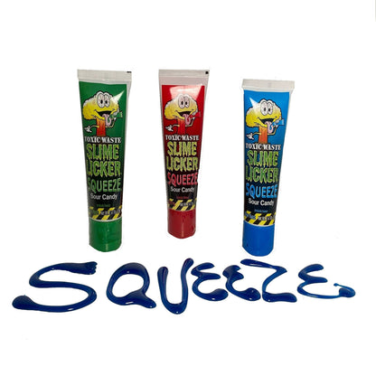 Toxic Waste Slime Licker Squeeze Sour Candy, with Blue Razz, Cherry, and Green Apple Flavors - 2.47 Ounce Tubes - 12 Count Display Box