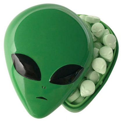 Halloween Alien Head Sours, Green Apple Candy, 1 Ounce Tin - 12 Count Display Box