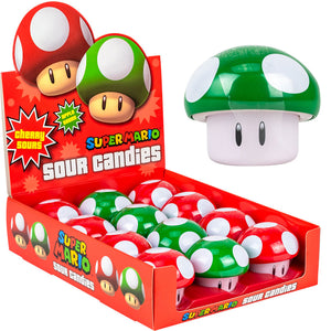 Nintendo Super Mario Bros. Mushroom Sours. 0.9 Ounce Sour Cherry and Green Apple candies Tin - 12 Count Display Box
