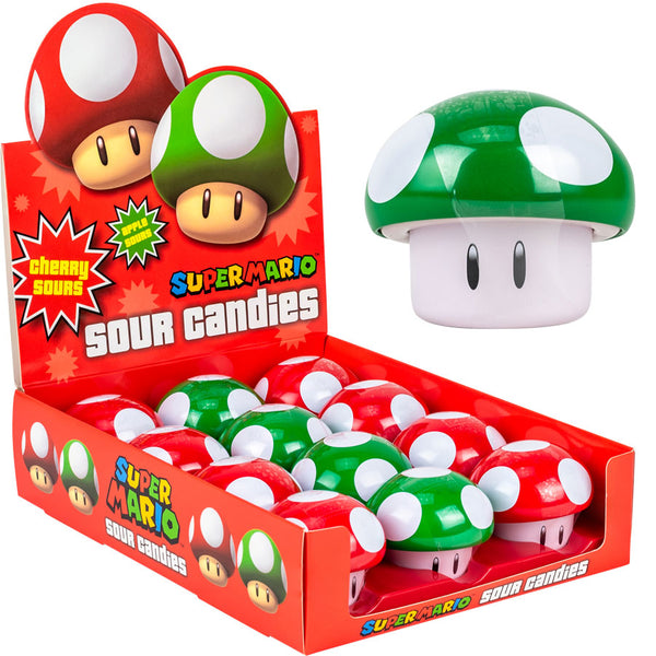 Nintendo Super Mario Bros. Mushroom Sours. 0.9 Ounce Sour Cherry and Green Apple candies Tin - 12 Count Display Box