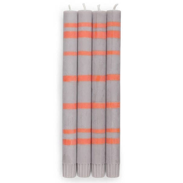 British Colour Standard - 25cm / 10'' H - Striped - Willow Grey and Orange Flame Eco Dinner Candles, Gift Box of 4