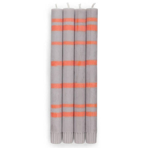 British Colour Standard - 25cm / 10'' H - Striped - Willow Grey and Orange Flame Eco Dinner Candles, Gift Box of 4