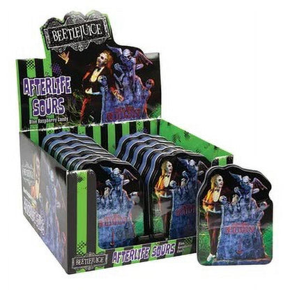 Halloween Afterlife Sours Candy Tin compatible with Beetlejuice Candy, Collectible Candy Tin Featuring Beetle juice with his Gravestone – Sour Blue Raspberry Flavor in the Shape of Spooky Skulls 1.5 Ounce Tin - 12 Count Display Box