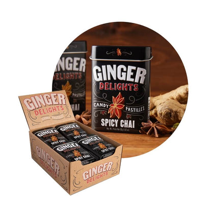 Ginger Delights Candy, 1.07 Ounce (30g) Tin - 12 Count Display Box