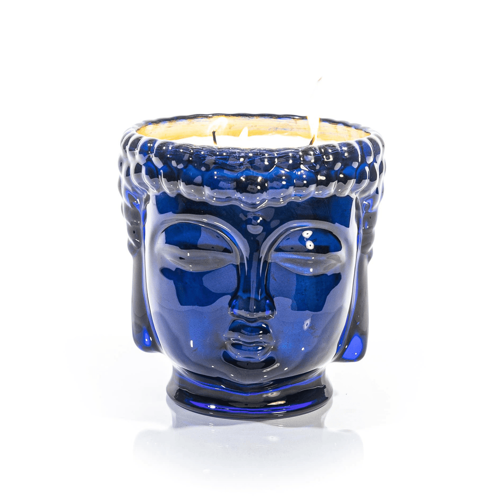 24K Gold Sapphire Blue Glass Buddha Candle, 3-Wick