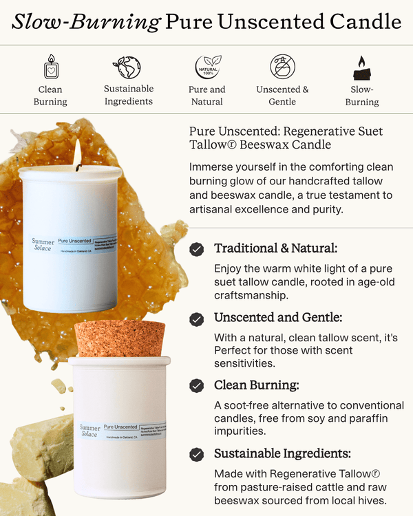 Pure Unscented Tallow Candle – Regenerative Suet & Beeswax | 6 oz